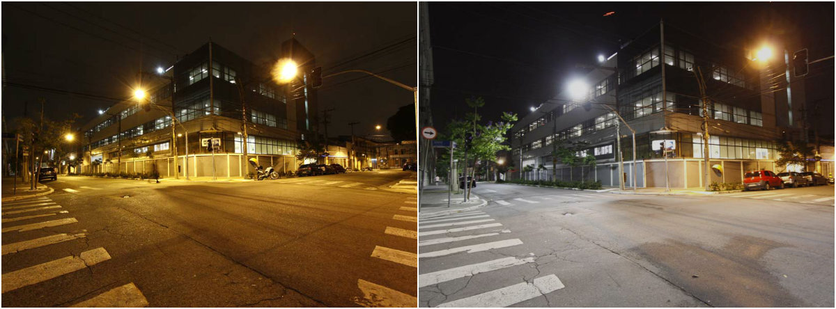À esq., o cruzamento das alamedas Glete e Dino Bueno com a iluminação antiga; à dir, com as lâmpadas de LED